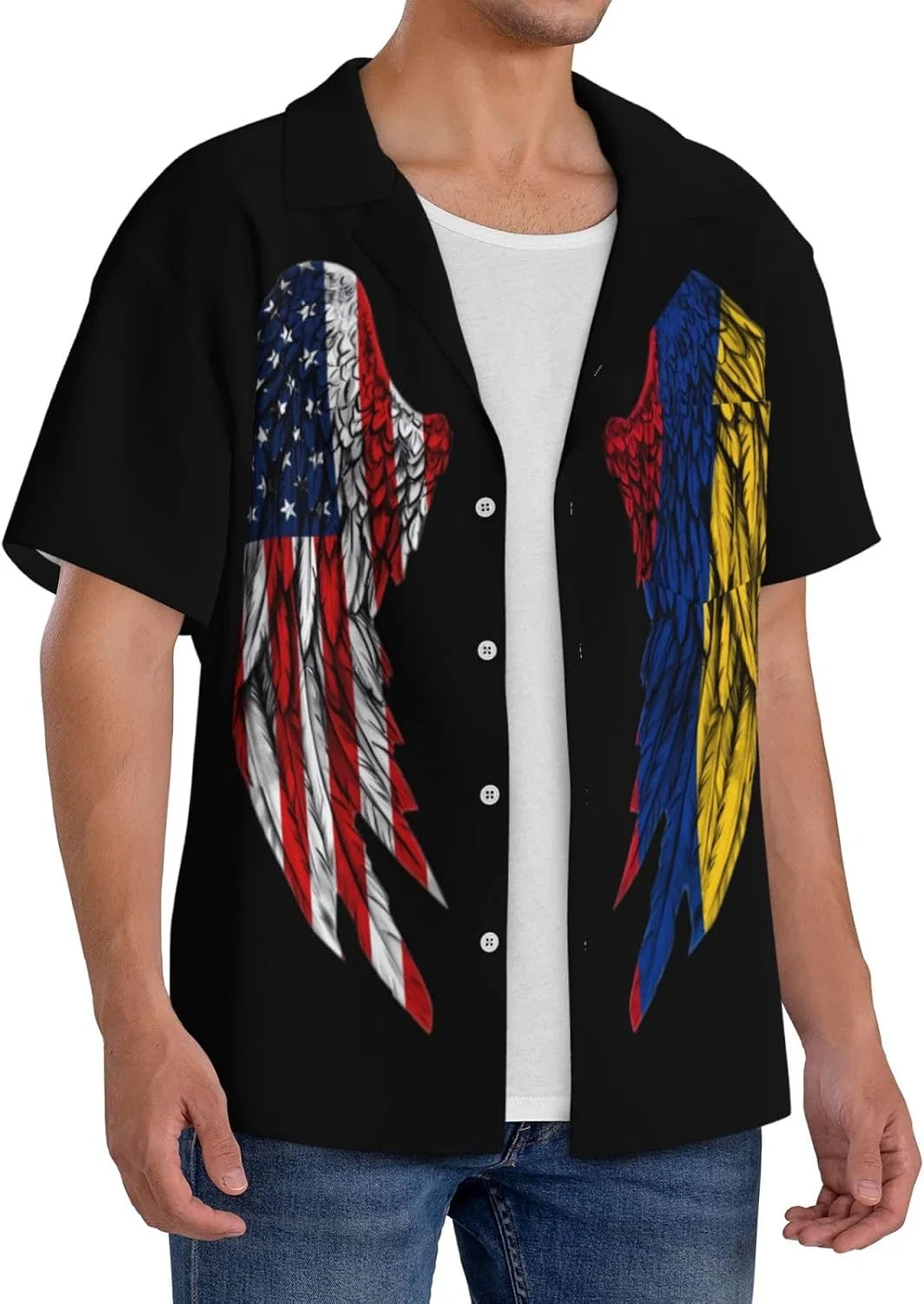 Мужская повседневная рубашка с флагом Америки и Колумбии Cuba Collar, Black — фото 2