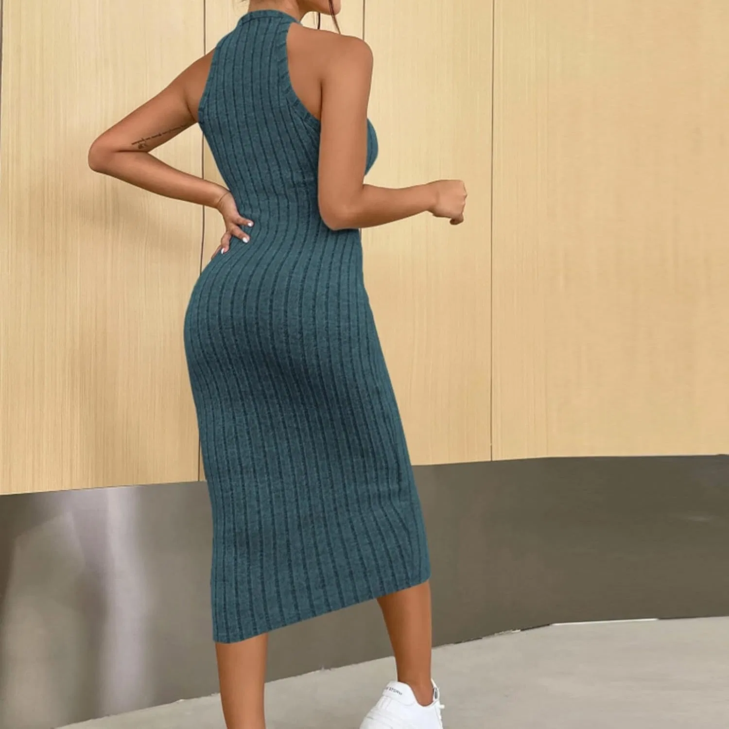 Женское вязаное платье-халтер с глубоким V-вырезом bodycon, Dark Blue — фото 3