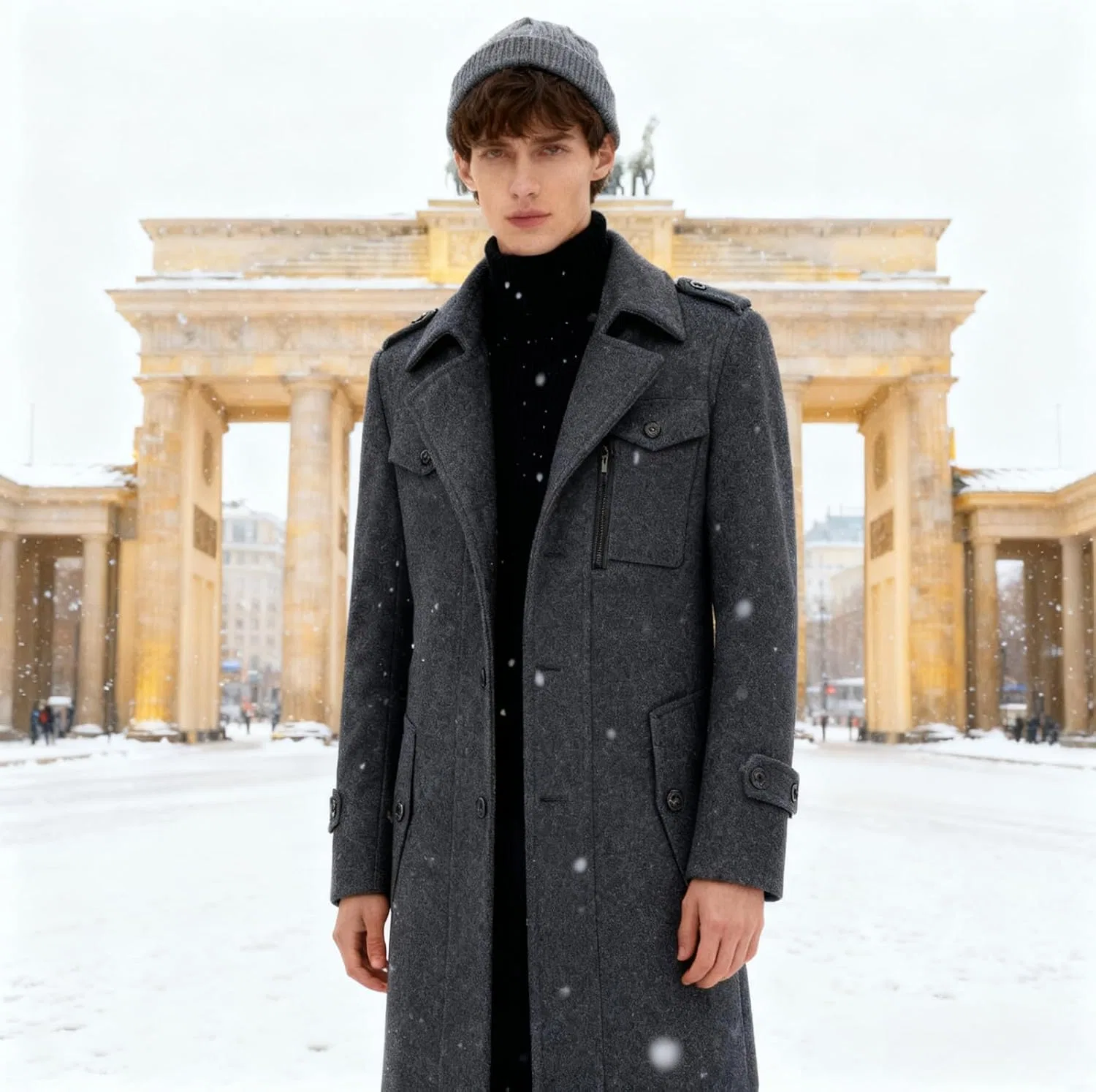 Мужское пальто из шерсти с воротником с лацканами, модель Gentle Layered Collar, чёрный — фото 3
