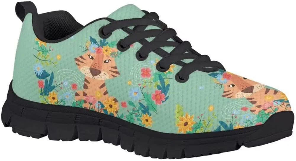 Детские кроссовки для мальчиков и девочек с принтом PinUp Angel, Cute Tiger Green Floral — фото 2
