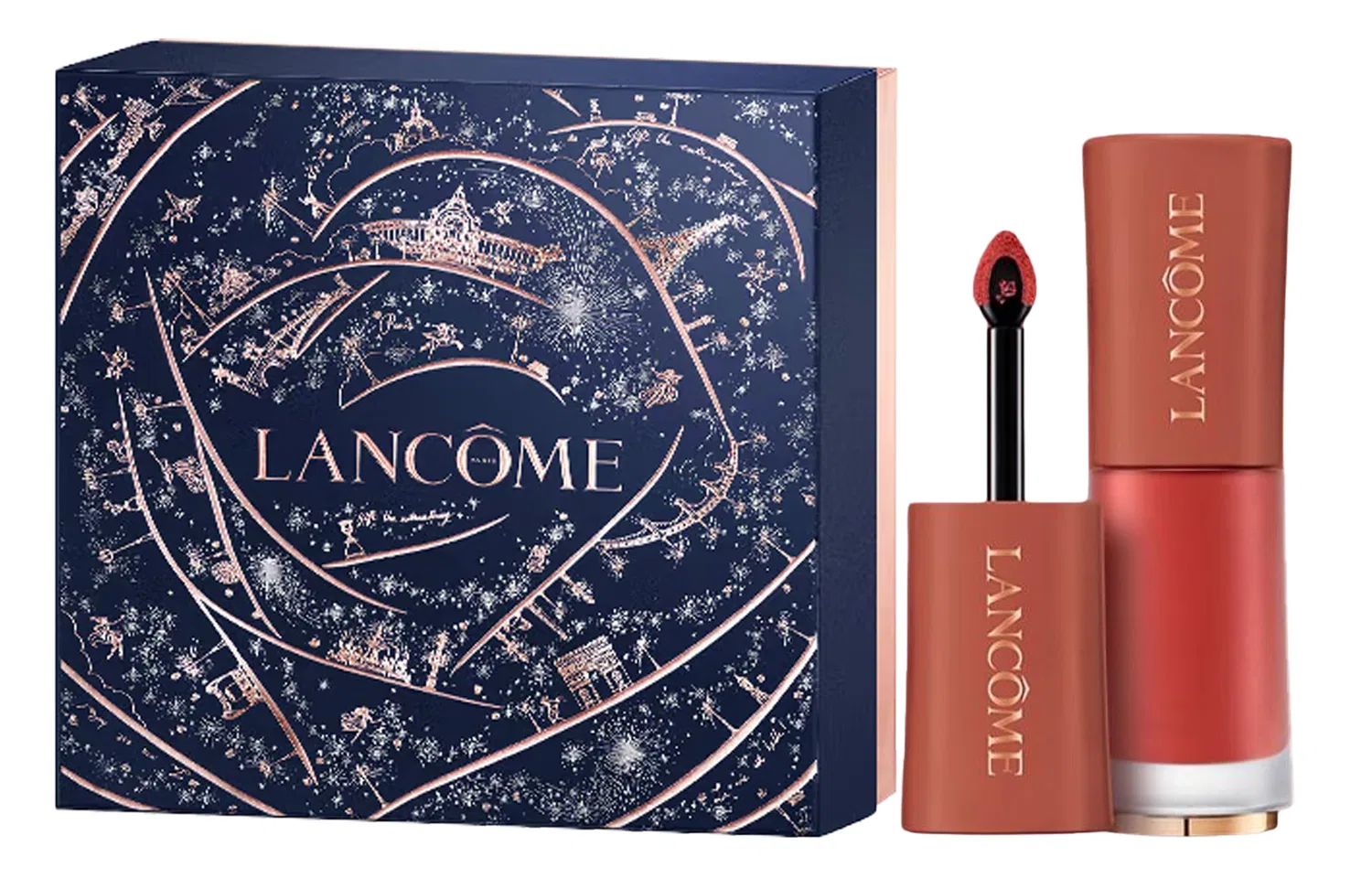 Женский матовый жидкий блеск для губ с увлажнением, оттенок French Naked Tea, LANCOME, Paris Starry Night Box, 6 мл, Черный — фото 2