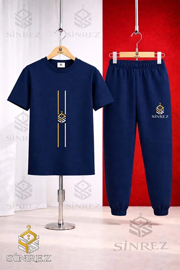 Детский комплект для девочек с принтом Children'S Logo Dik Iki Cizgi Printed 3-Piece T-Shirt And Tracksuit Set Sinrez, Black - Gray - Navy Blue — фото 4