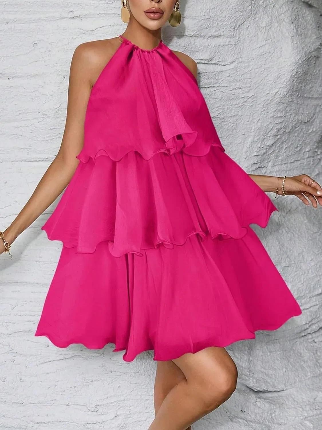 Женское повседневное платье-комбинация с ярусным слоем, Hot Pink — фото 2