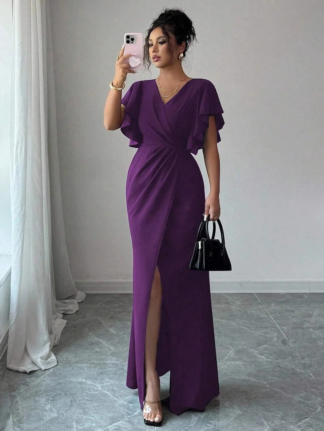 Женское элегантное платье макси с V-образным вырезом и батик-рукавами, Purple — фото 2