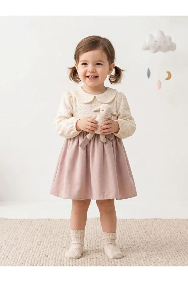 Детское платье для девочек хлопковое Bow linen dress Cherrys Bebek, Powder