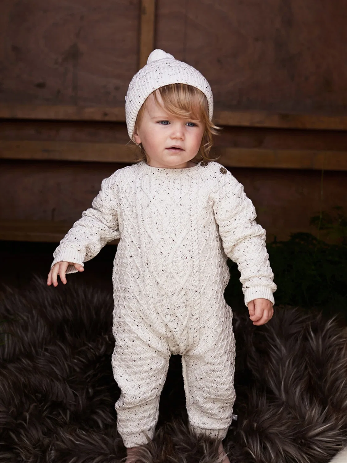 Комбинезон-слип с шапкой, вязаный, Oatmeal Cable Knit The Little Tailor, цвет овсяный