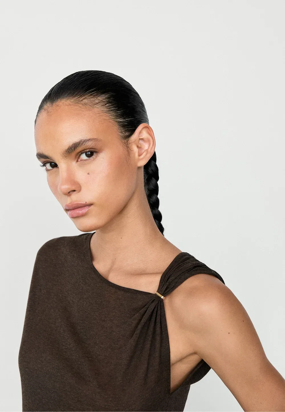 Асимметричный топ со спущенными рукавами, свободного кроя, с принтом Massimo Dutti, Dark Brown — фото 2