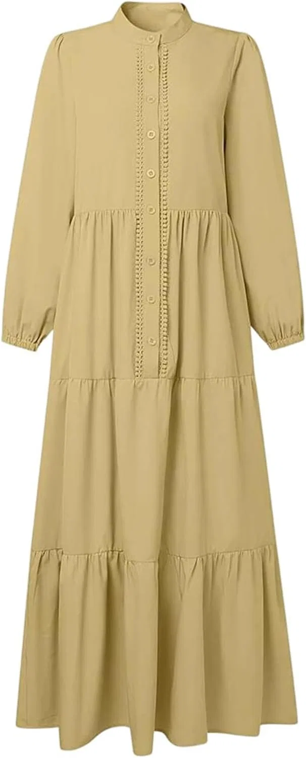 Женское макси-платье свободного кроя с длинным рукавом, Khaki