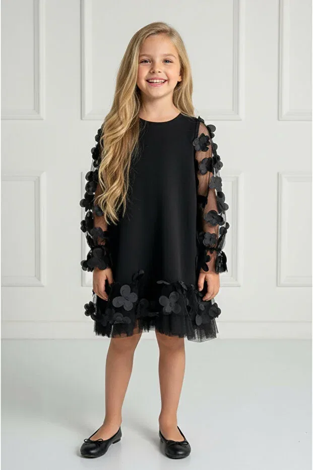 Детское платье для девочек с длинным рукавом Three-Dimensional tulle detailed seasonal children's dress 08196 By Piera, Black