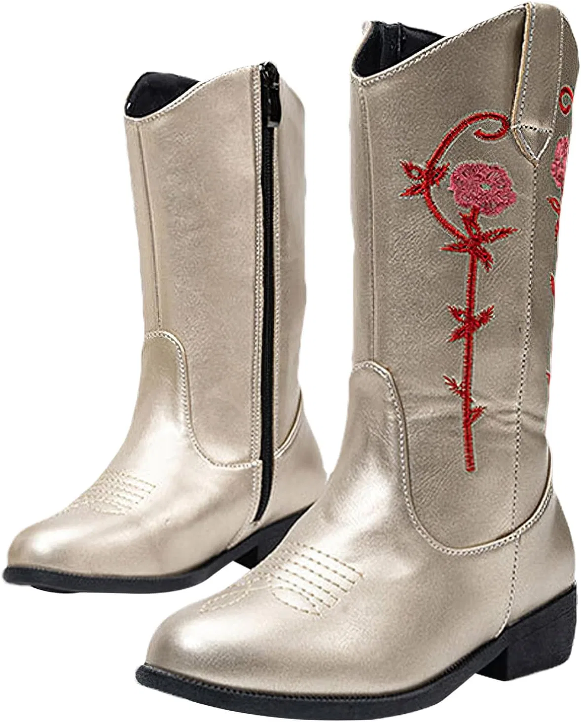 Детские сапоги для девочек с вышивкой ковбойские Western Boot rismart, Gold Red Flower — фото 4
