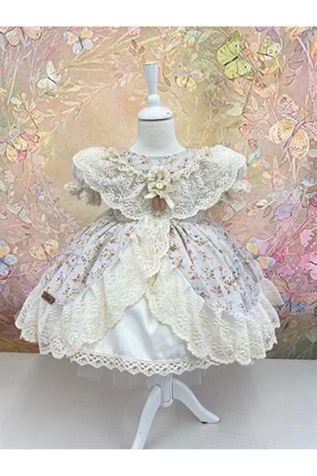 Детское платье для девочек кружевное с принтом Linarookids, Nude Color