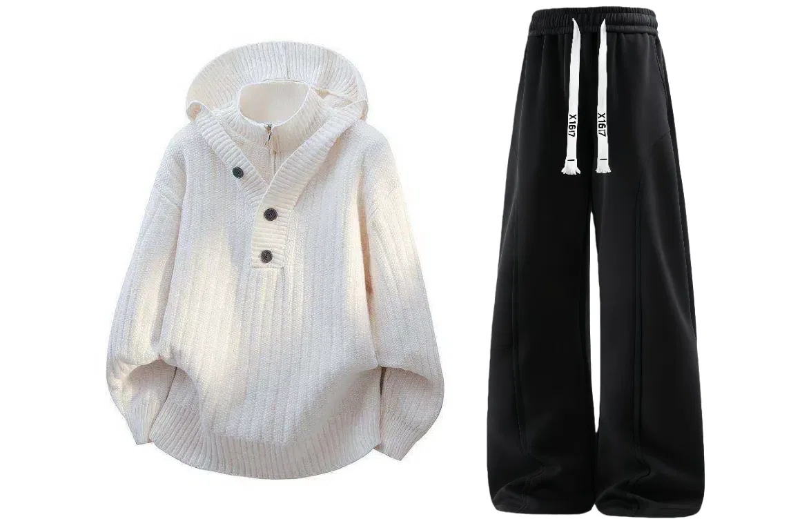 Детский комплект из свитшота и брюк с капюшоном X1617, White Sweater/Black Pants