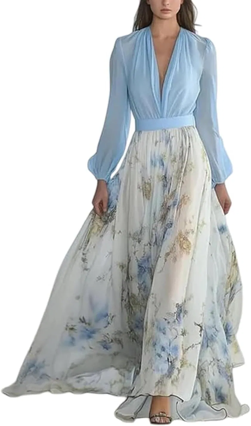 Женское длинное платье с цветочным принтом V-образным вырезом, Light Blue