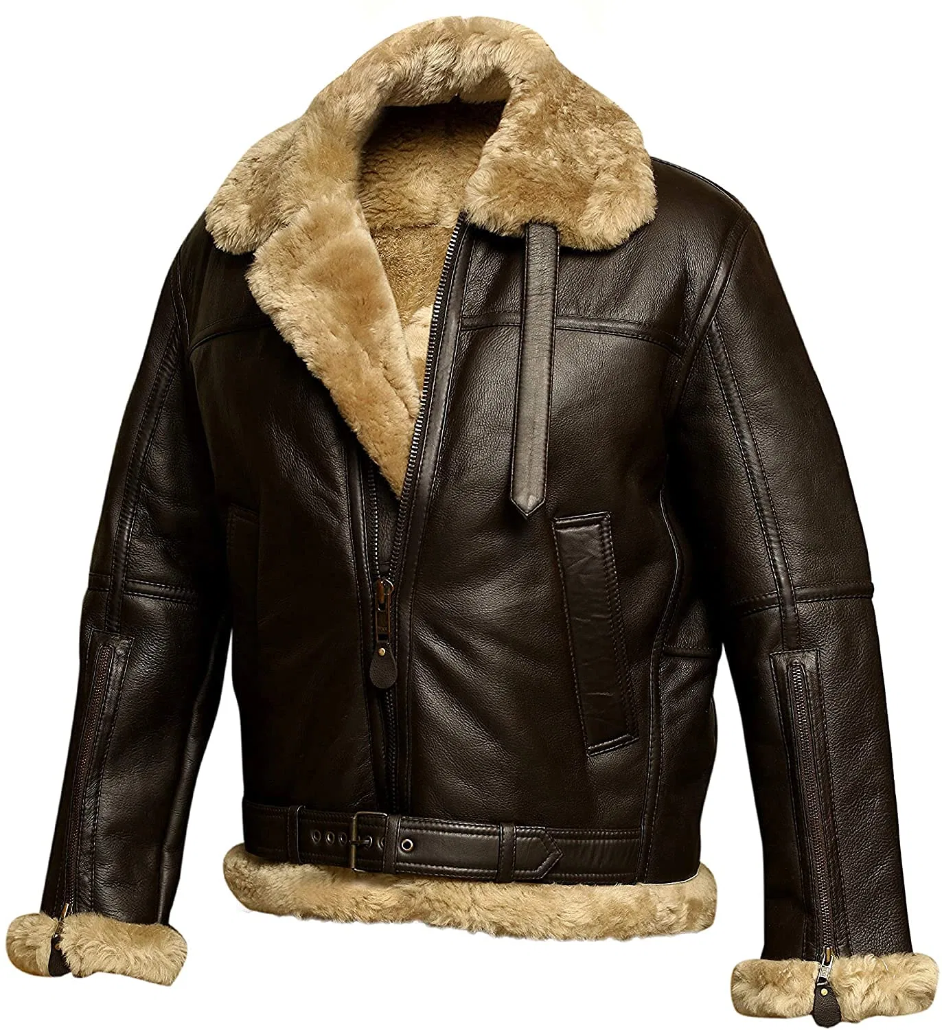 Мужская кожаная куртка-авиатор с мехом, модель Raf Aviator B3 Bomber, 2-brown — фото 2