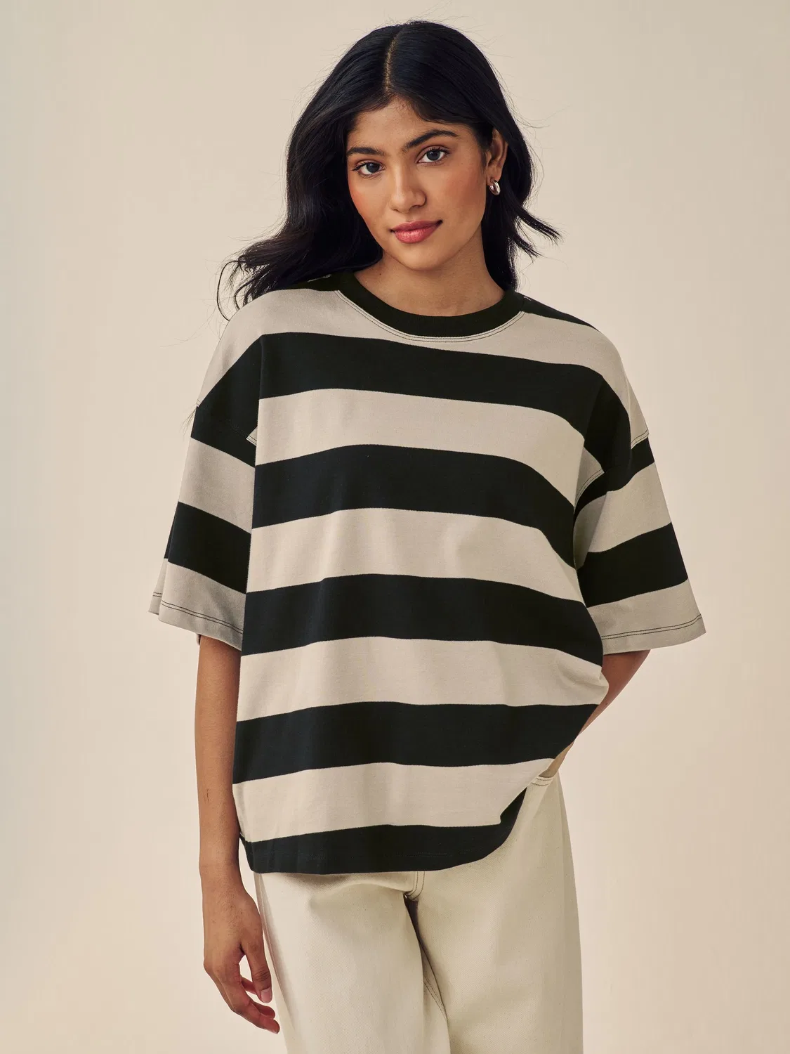 Футболка оверсайз бокс-фит Heavyweight Crew Neck Next, Black/Neutral Stripe