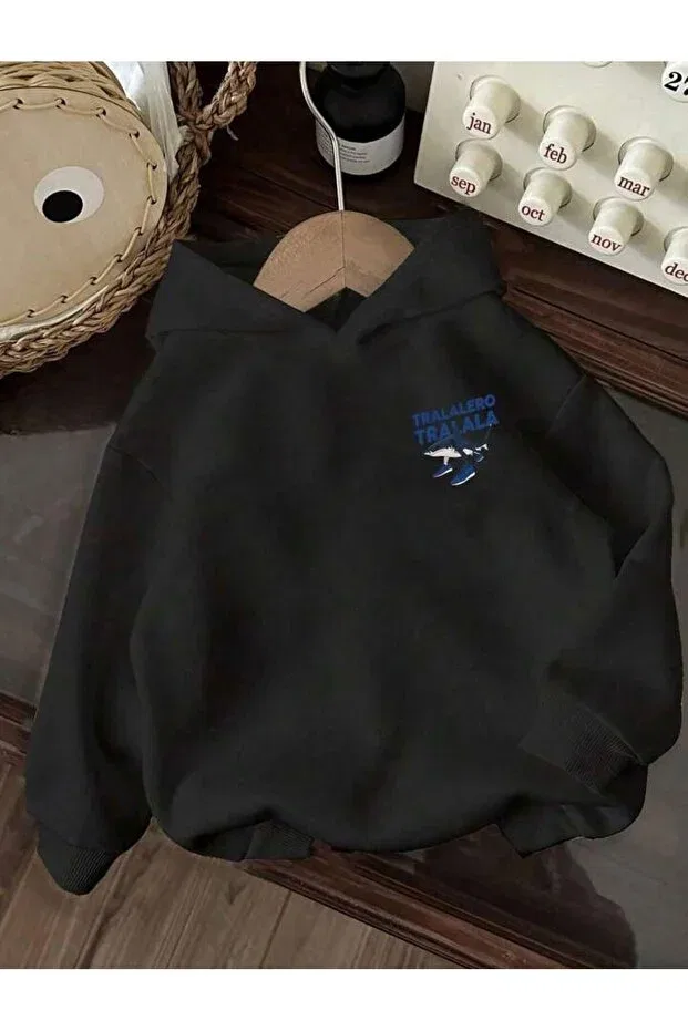 Детское худи с принтом для девочек tralalero tralala crazy fish printed on back and front No Plan, Черный — фото 3