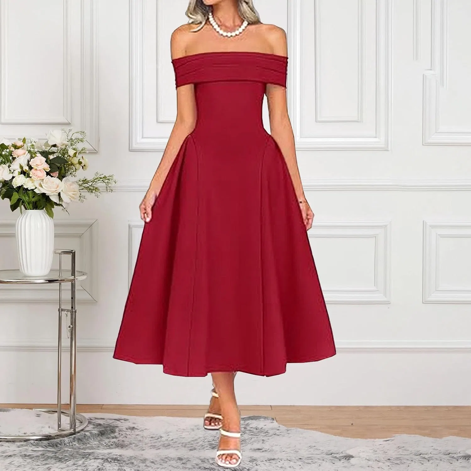 Женское элегантное платье с открытыми плечами, Wine Red — фото 2
