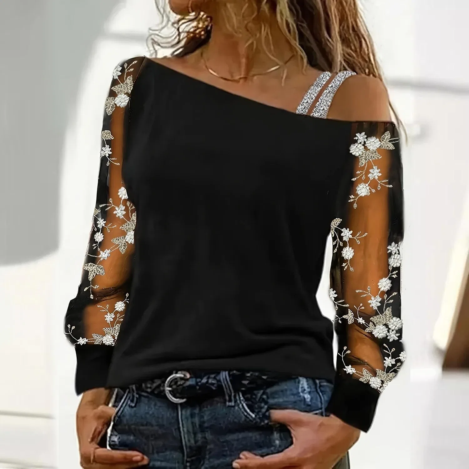 Женская блестящая футболка с пайетками, Bk1 — фото 2