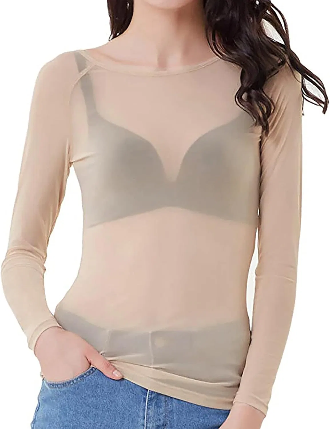 Женская сетчатая футболка с длинным рукавом Slim Fit, Khaki