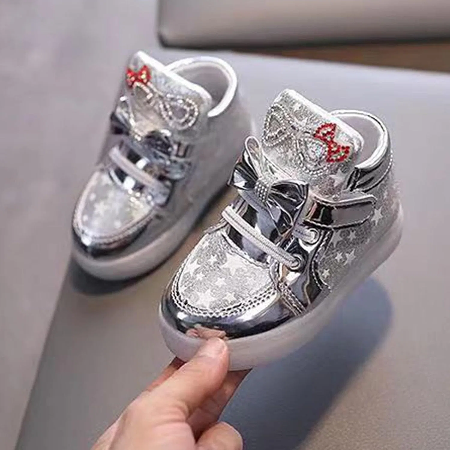 Детские дождевые сапоги для девочек с блестками и бантом, Silver — фото 2