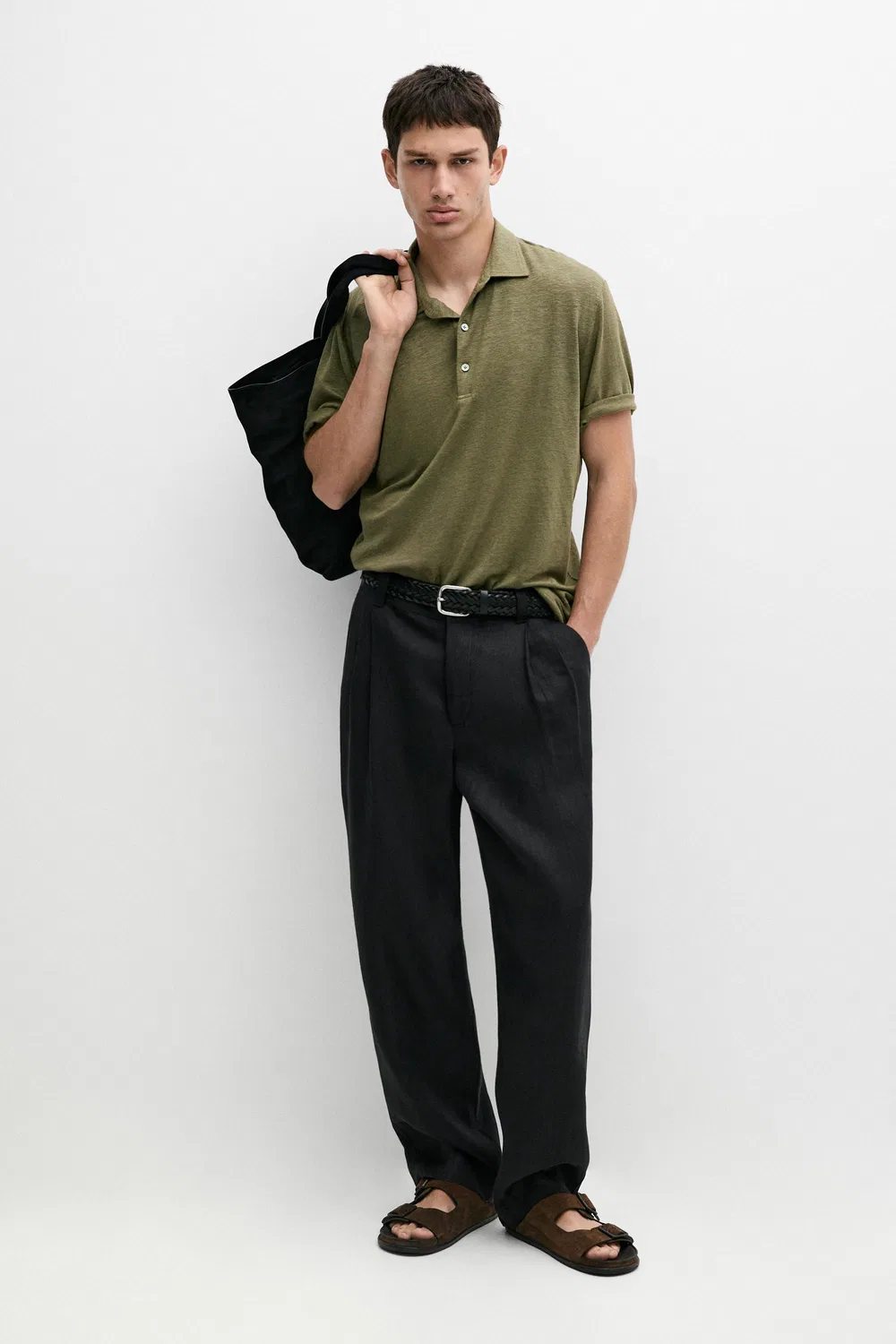 Поло с коротким рукавом, 100% лен Massimo Dutti, морской зеленый
