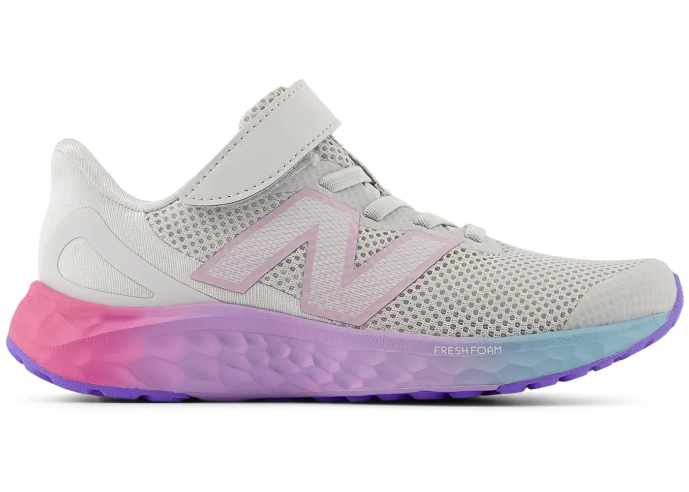 Детские кроссовки на шнурке New Balance Fresh Foam Arishi v4 Bungee Lace, Grey Matter Mid Century Pink Lilac Glo
