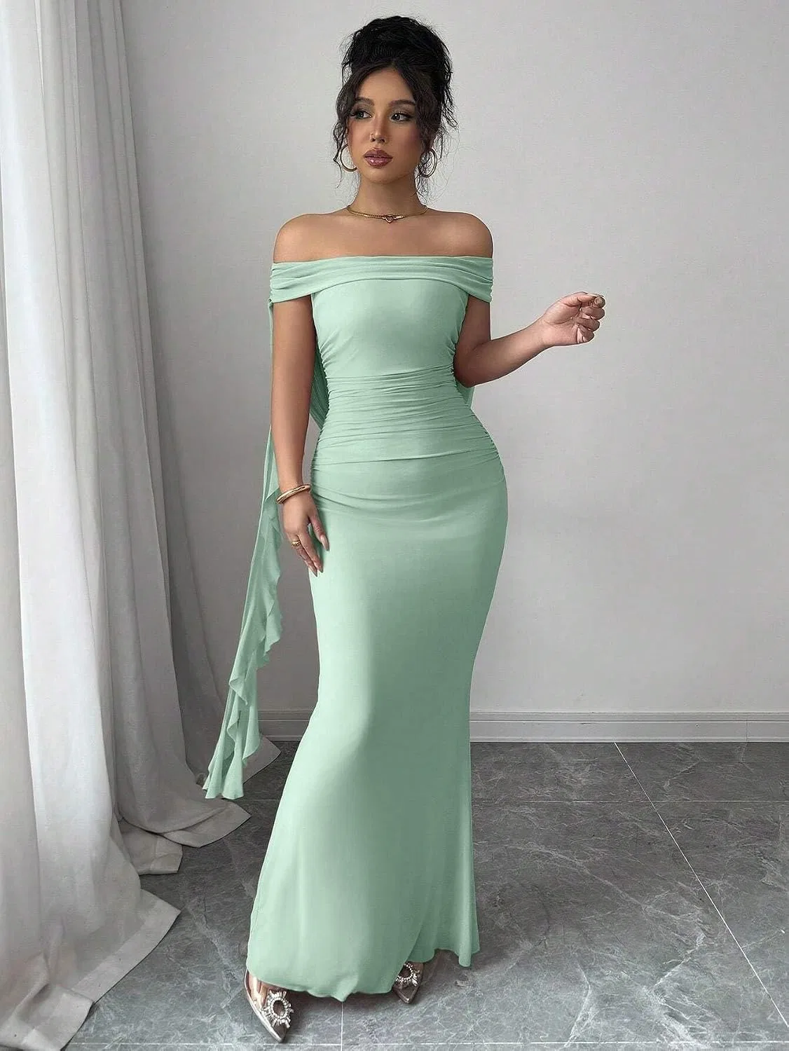 Женское элегантное платье с открытыми плечами Generic, Mint Green — фото 2