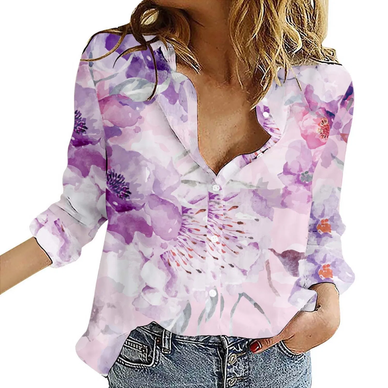 Женская блуза из хлопка и льна с принтом, модель Cotton Linen Shirt, W Purple