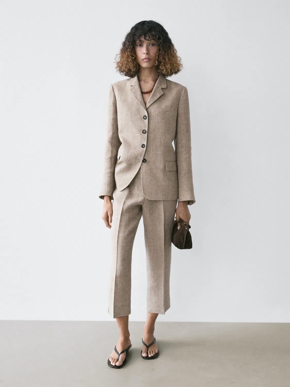 Капри из меланжевой льняной ткани Massimo Dutti, бежевый — фото 3