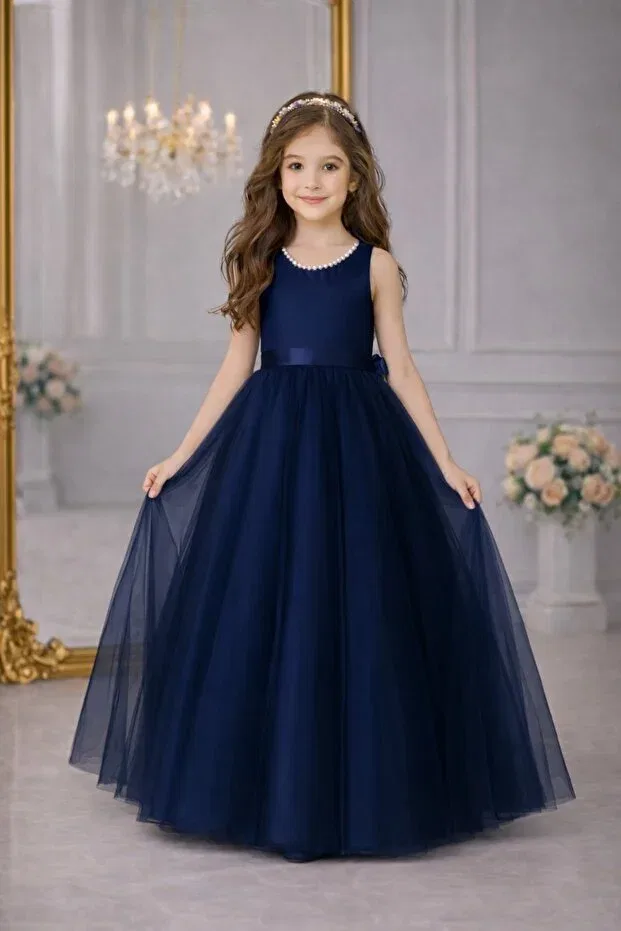 Детское платье для девочек с принтом Girl'S Collar Pearl Detailed Navy Blue Ball Gown Suneh, Navy Blue
