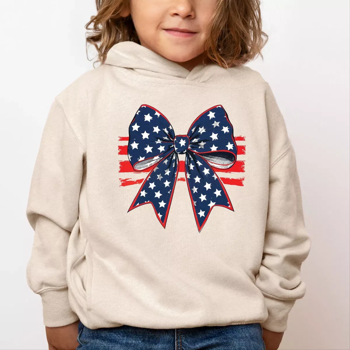 Детская худи с принтом Blue and White Star Bow Coquette The Juniper Shop, Natural — фото 3