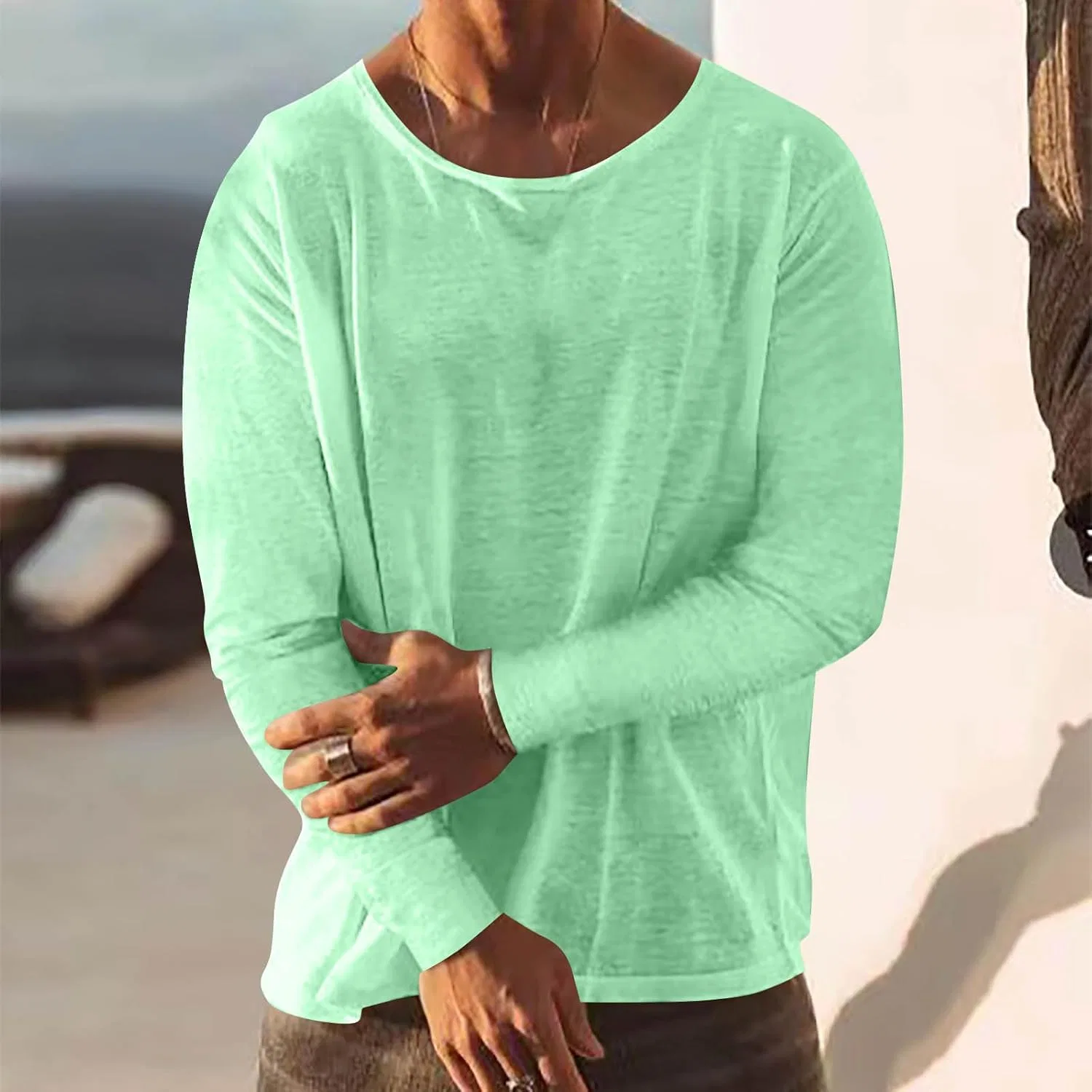 Мужская льняная футболка с круглым вырезом, Mint Green — фото 2