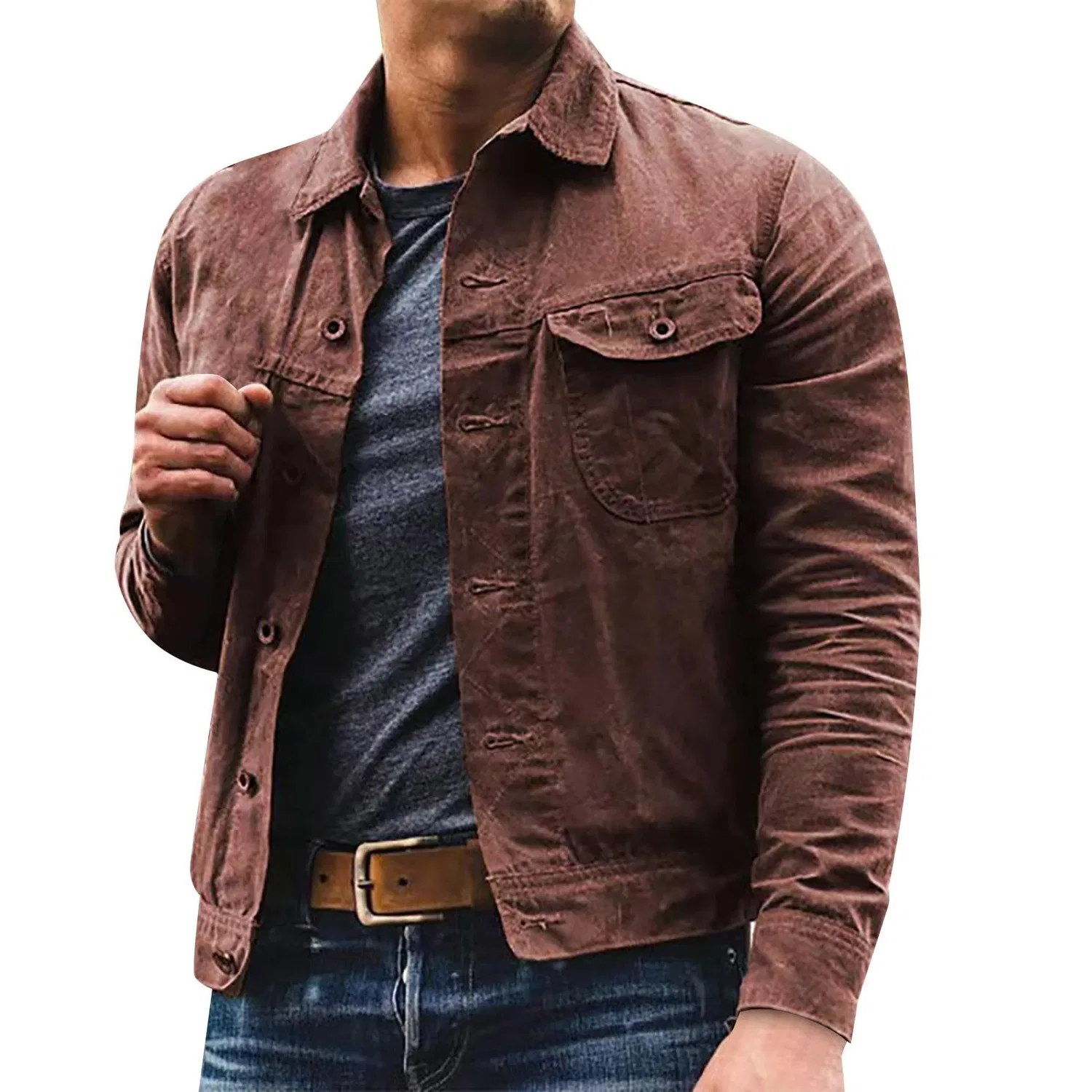 Мужская джинсовая куртка в стиле ретро с принтом, Retro Mod 60S 70S Military Jacket Overshirt Denim Vintage Style Trucker Coat Classic Western Stylish Cowboy Coats Lightweight Jeans, Red — фото 2