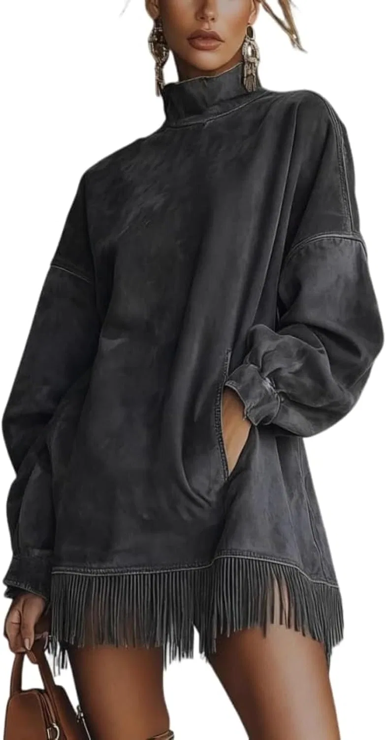 Женское платье мини с бахромой и высоким воротом, Black