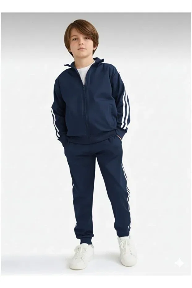 Детский комплект спортивного костюма для девочек с принтом School Tracksuit Set With 2 Stripes Detail Niy, Navy Blue