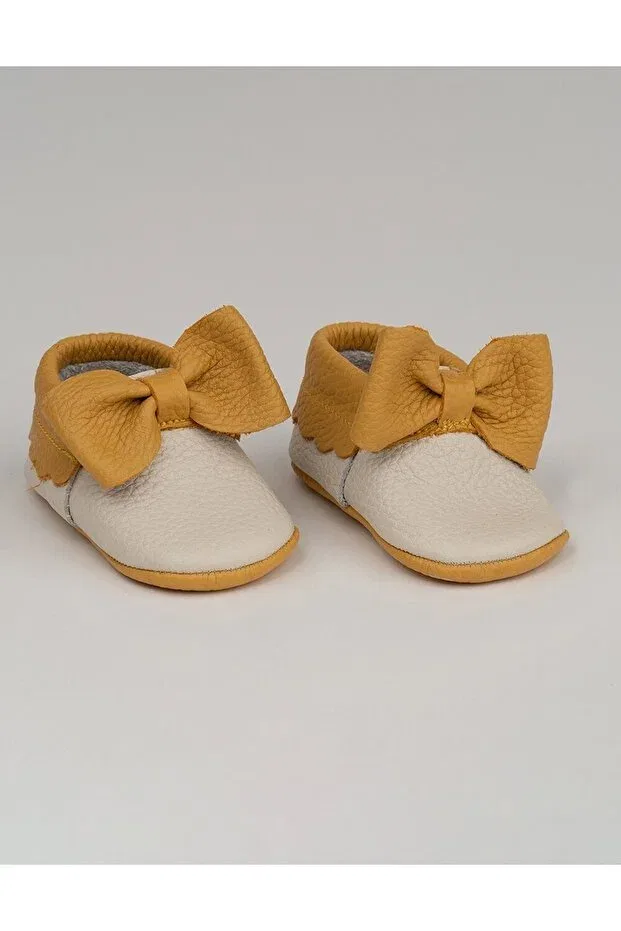 Детские мокасины для девочек с текстурированным верхом Bobby cream-mustard double color natural leather moccasin Beybium, Hardal — фото 3
