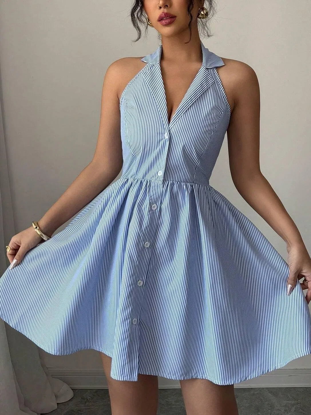 Повседневное мини-платье А-силуэта с запахом, Blue and White — фото 4
