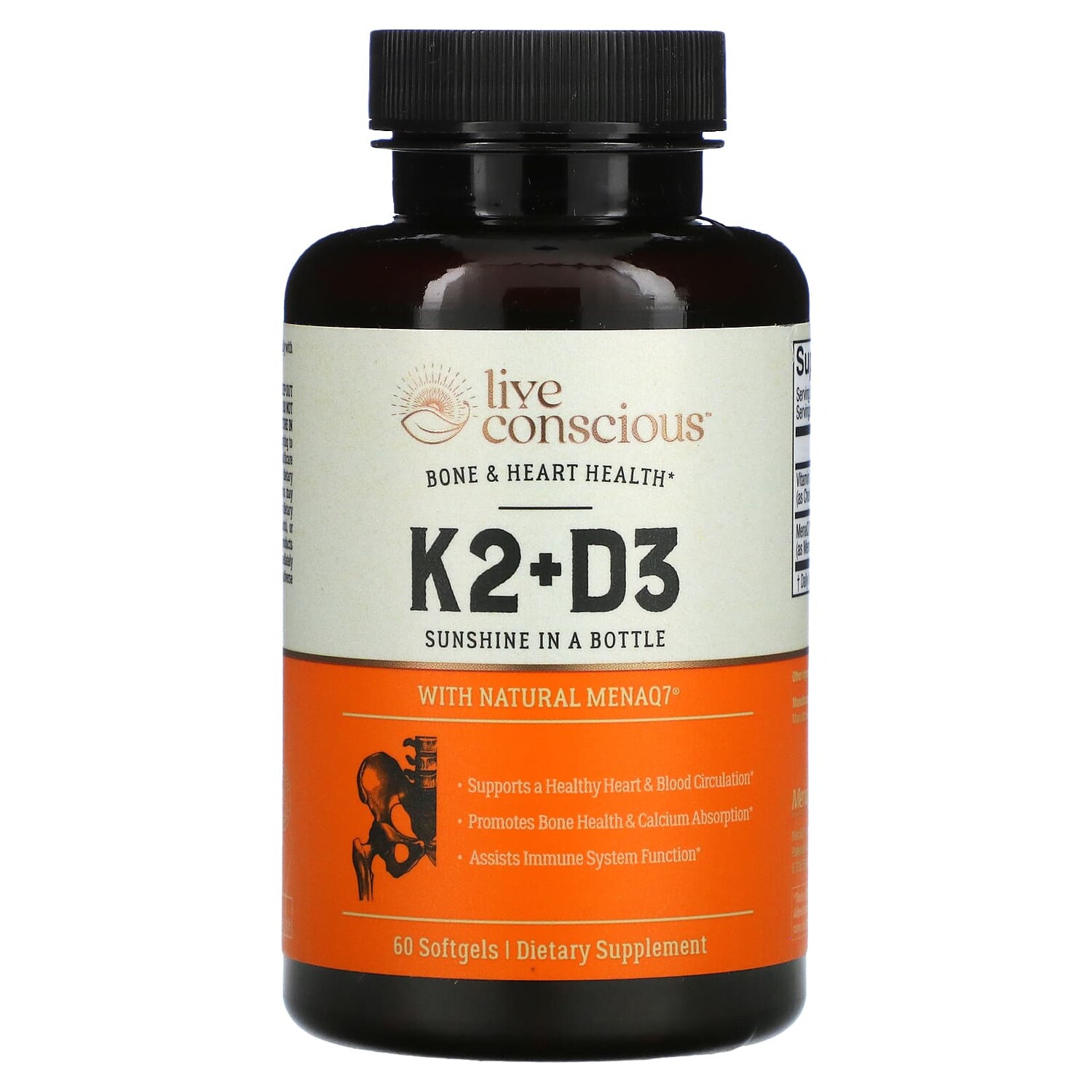 

Витамины K2 + D3 Live Conscious, здоровье костей и сердца, 60 мягких таблеток