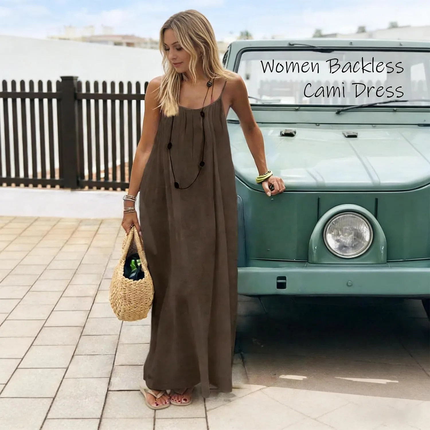 Женское повседневное платье на бретелях без спинки, Khaki — фото 2