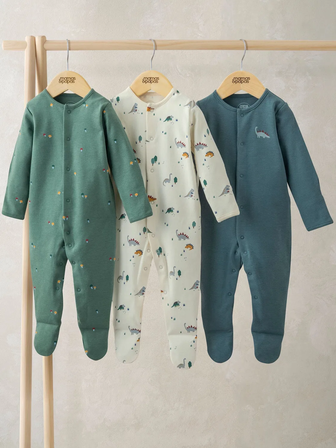 Комплект из 3 боди с закрытыми ножками, принт динозавры Mamas & Papas, голубой