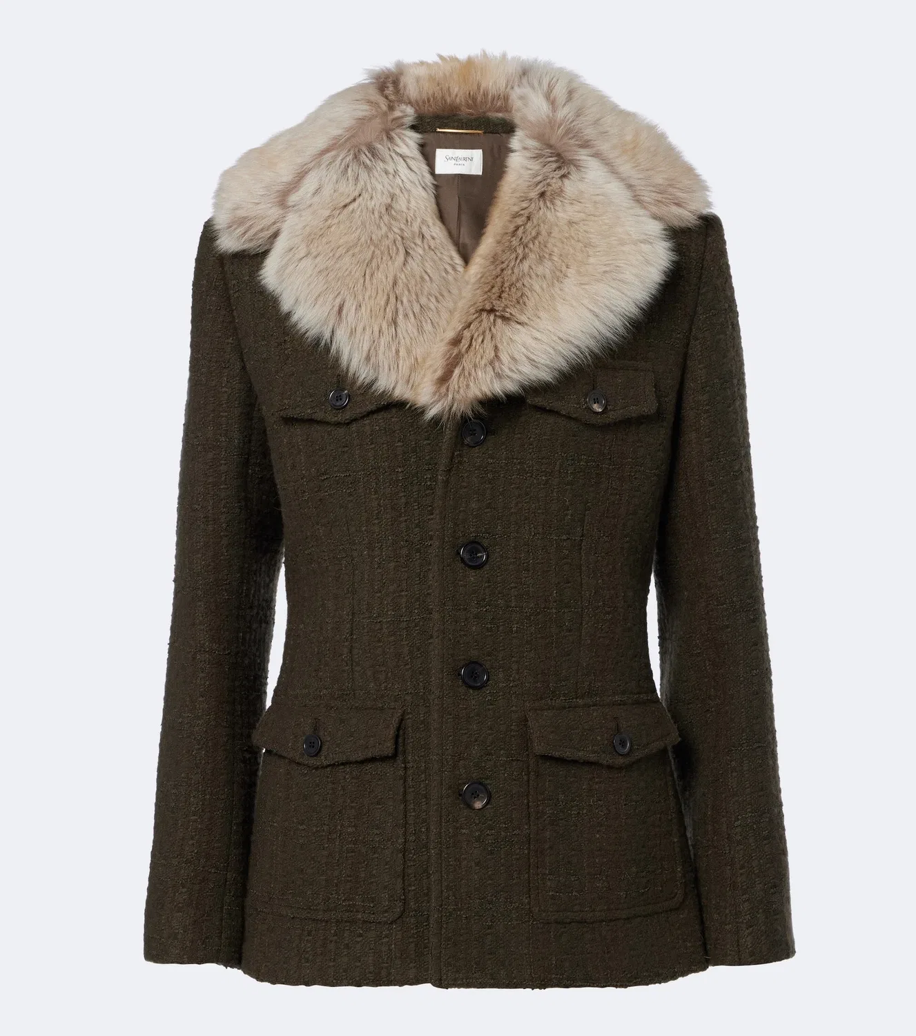 Твидовая куртка из шерстяной смеси с овчиной SAINT LAURENT, зеленый