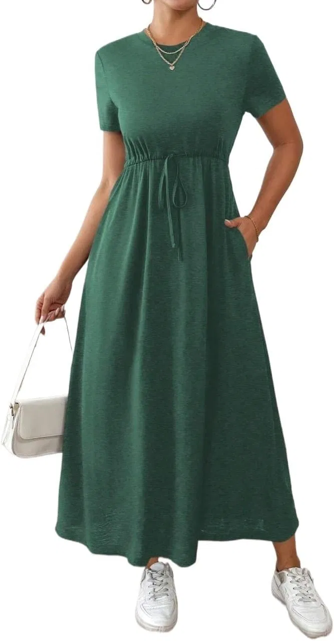 Женское повседневное платье миди с завязкой на талии, Dark Green