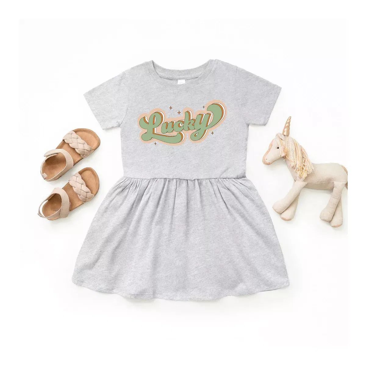 Детское платье для девочек с графическим принтом Lucky Retro Stars The Juniper Shop, Heather Grey — фото 2