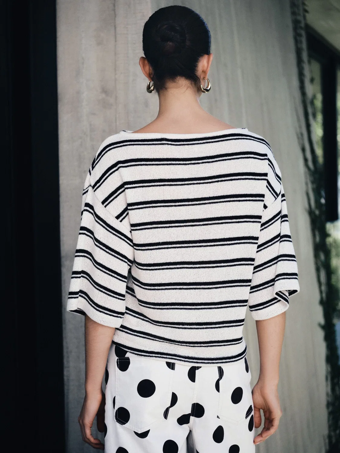 Топ с асимметричным кроем, Knit Look Asymmetric Short Sleeve Top Next, Ecru/Black Stripe — фото 3