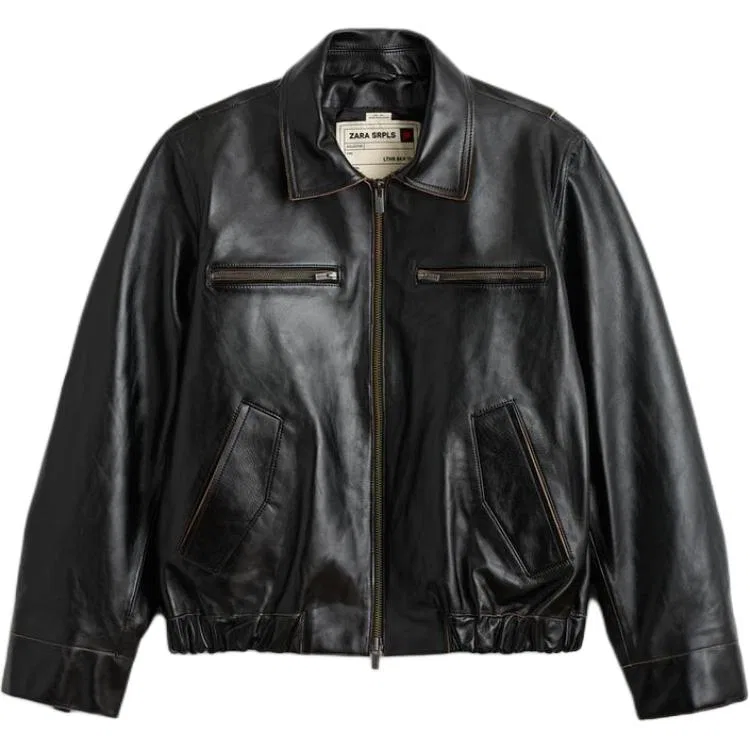 Мужская куртка из кожи с лацканами Black/Brown ZARA