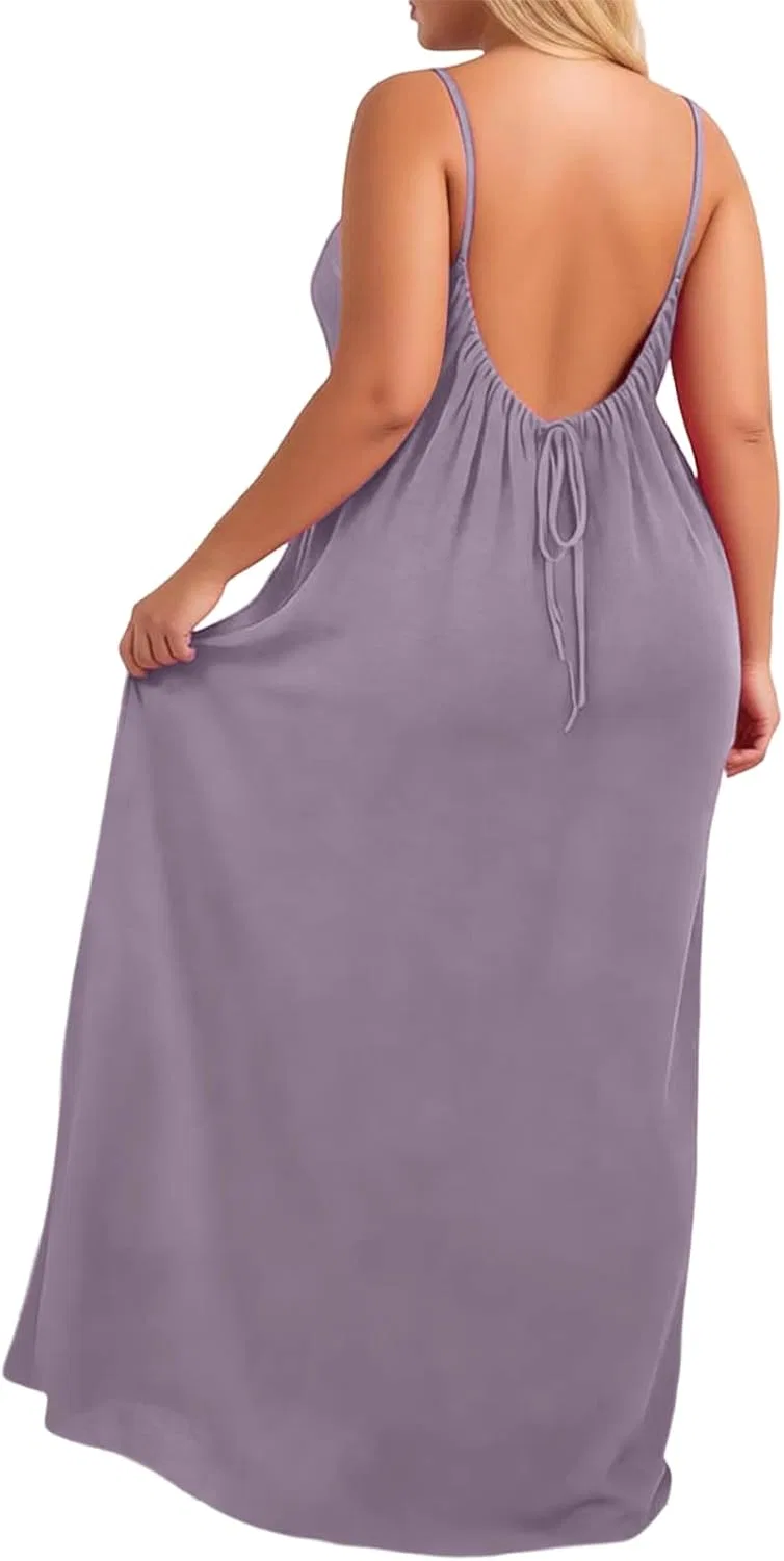 Платье-ками Backless для женщин Plus Size, бесшовное, без рукавов, домашнее, длинное, с завязкой на спине Generic, светло-фиолетовый