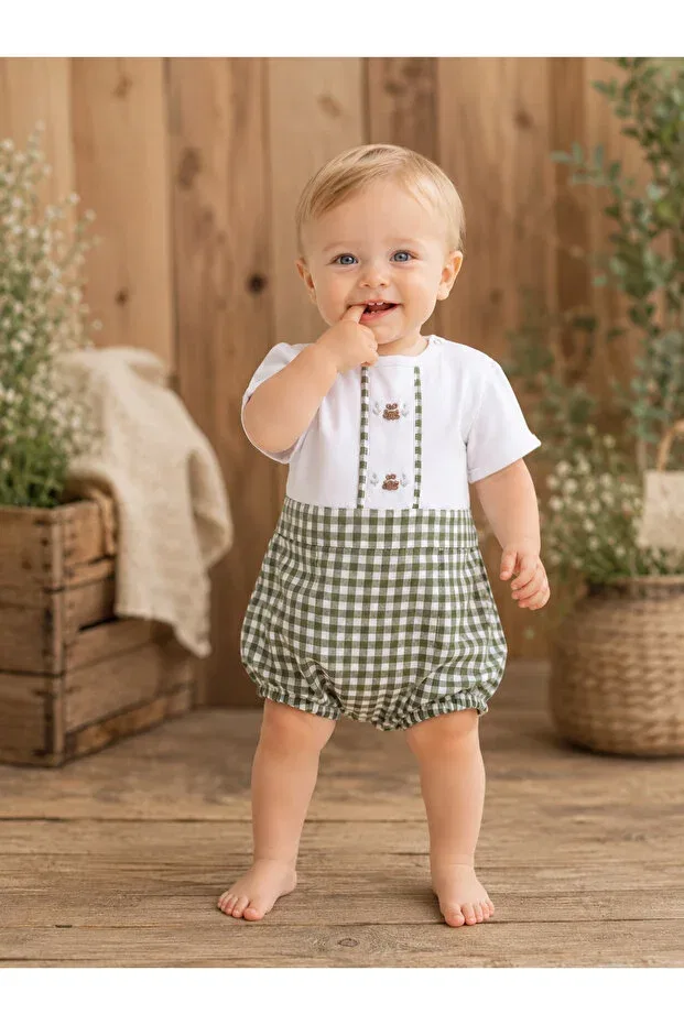Детский комбинезон для девочек с принтом Pötikare soft series summer baby romper with hand embroidered teddy bear Mama Miel Baby, Khaki