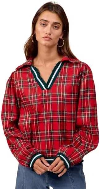 Женская рубашка с рюшами, Christmas Plaid, красный
