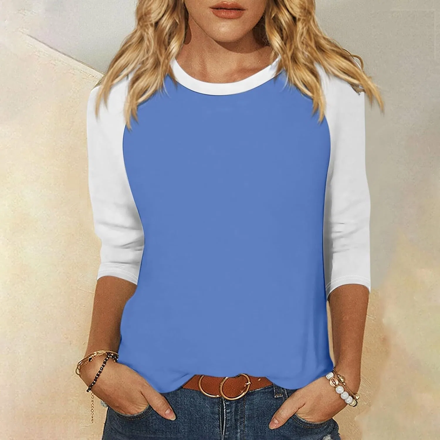 Женская футболка с рукавом 3/4 и цветовой блокировкой, Light Blue — фото 2