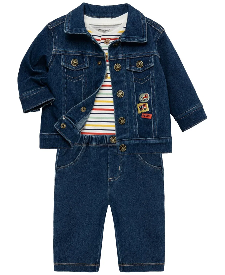 Комплект из боди, куртки и брюк Construction Crewneck Little Me, Denim — фото 3
